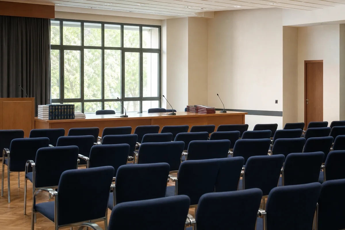 Sala de assembleia de associação de servidores públicos com mesa e cadeiras