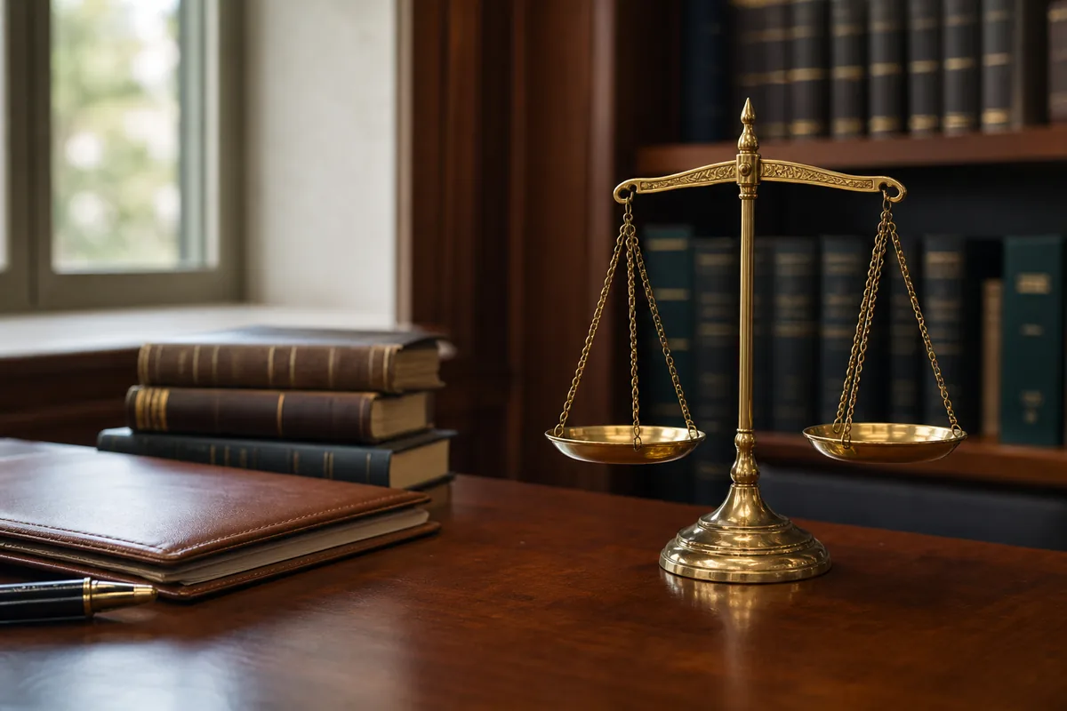Estatueta da balança da justiça e livros de direito em escritório de advocacia
