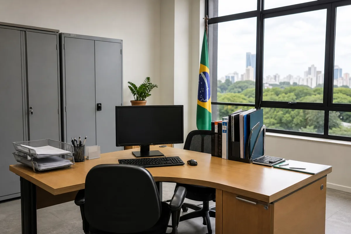 Estação de trabalho de órgão público com bandeira do Brasil